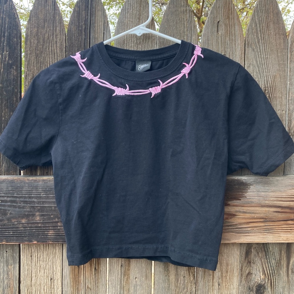 Cousins Collective Pink and Black Barbed Wire Embroidered Crop Top